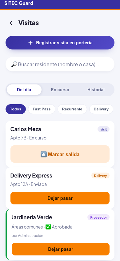 Pantalla real: visitas del día en la garita con estados y filtros