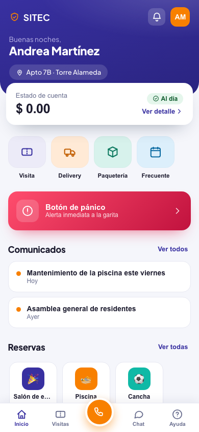 Pantalla real de la app del residente SITEC: estado de cuenta al día, accesos rápidos de visitas y botón de pánico