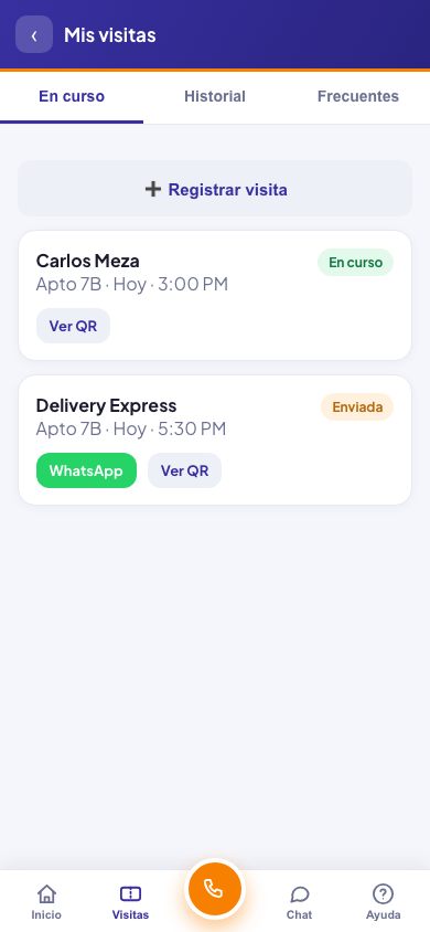 Pantalla real: mis visitas con código QR y aviso por WhatsApp
